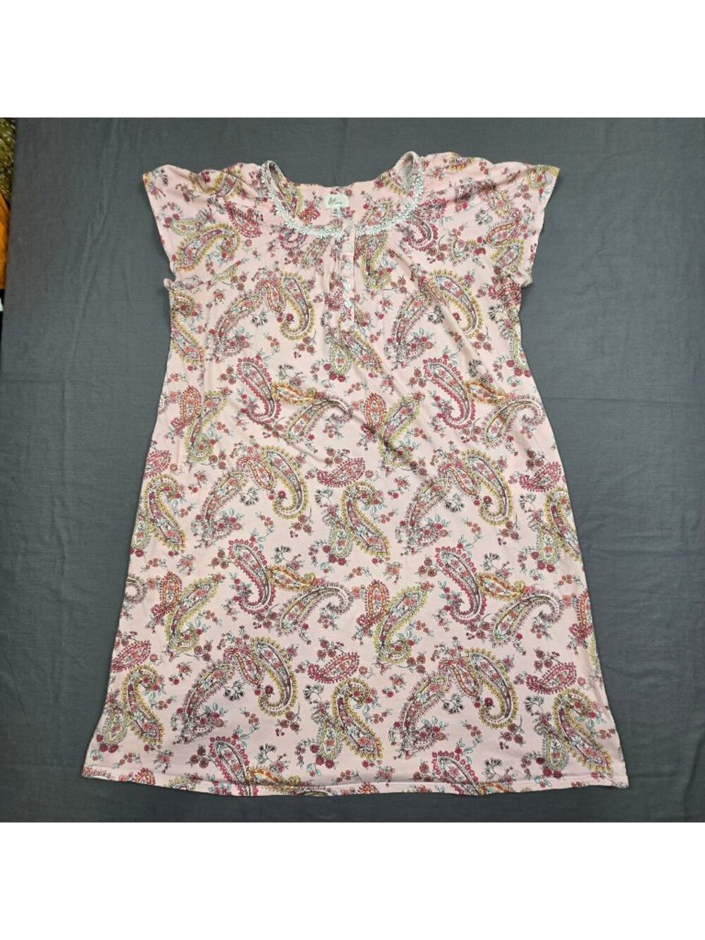 Aria Cottage Core Boho XL Nightgown Pink Paisley Print Short Sleeve 100% Cotton